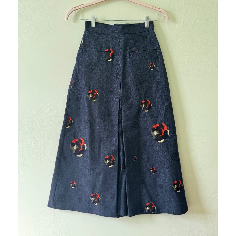 Mehtap Elaidi Rose Embroidered Denim Midi Skirt